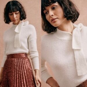NWT Sezane Zaria Jumper‎ Bow Neck Sweater XL Ecru Mohair Ivory White Pullover